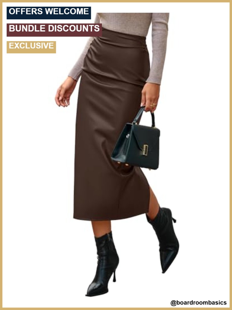 Faux Leather Midi Pencil Skirt, High Waist Ruched Back Slit, Business Casual